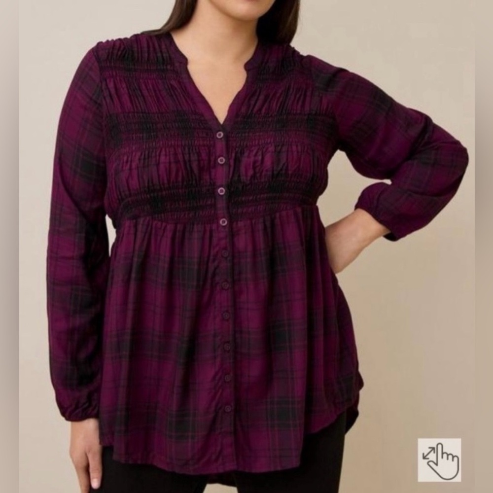 torrid Dark Purple Plaid V-Neck Button-Front Tunic Top Sz 1